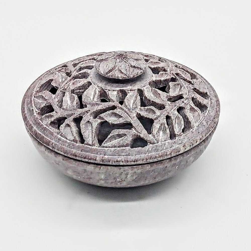 Grey Lavender Hand-Carved Covered Soapstone Round Box